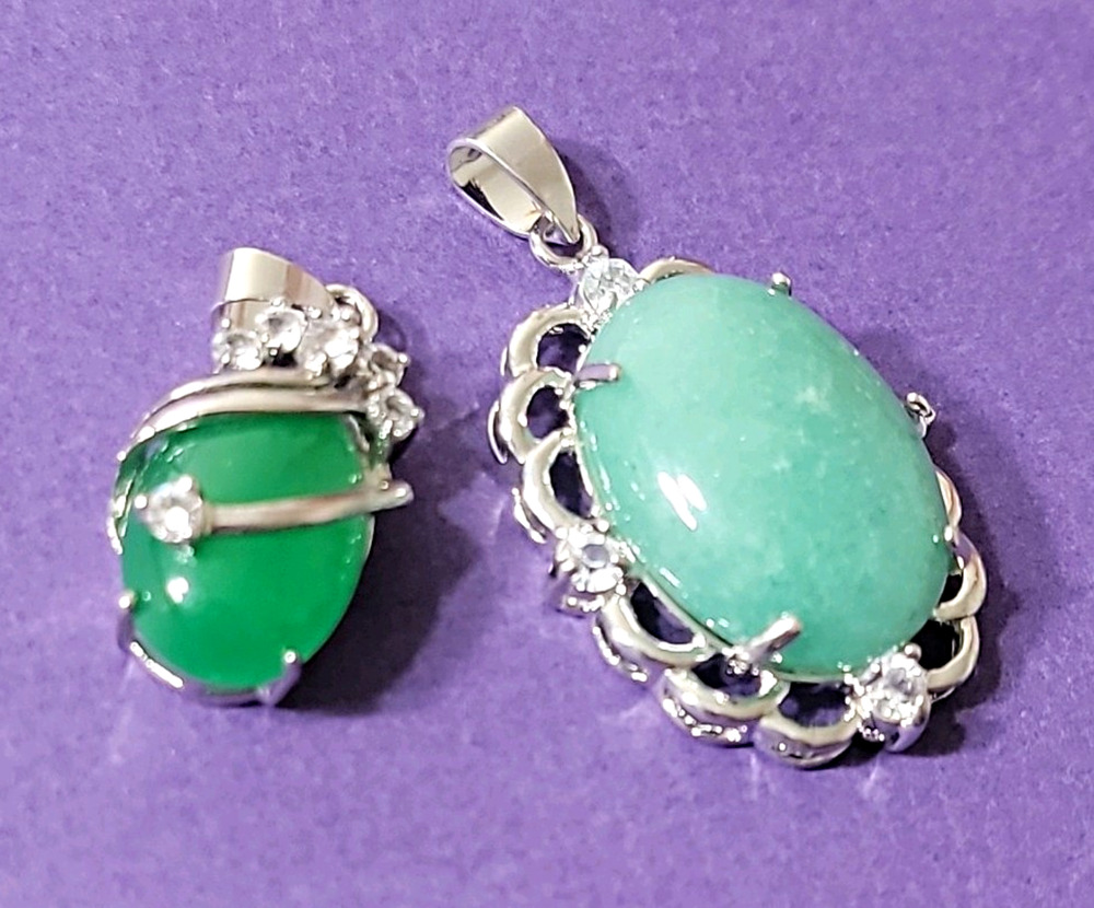 Lot of 2 Silver-Tone Green Oval Cabochon Pendant Charms Clear Crystal Accents